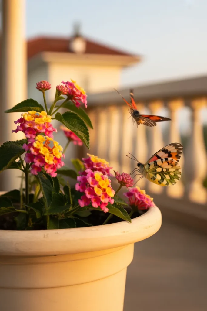 Lantana container gardening flowers in cream ceramic pot on sunny balcony
