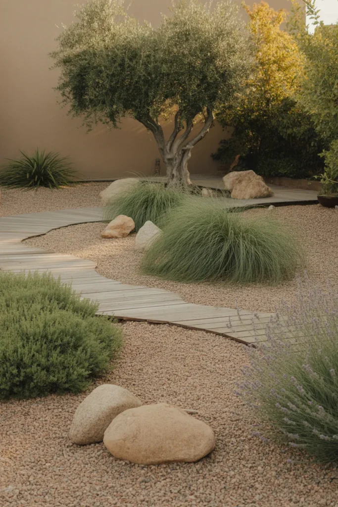 Lawn-free xeriscape backyard makeover with ornamental grasses gravel paths and cedar walkway