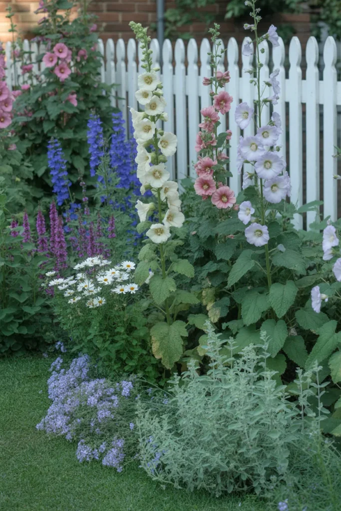 Layered cottage garden border with hollyhocks, salvia, and catmint for garden design ideas