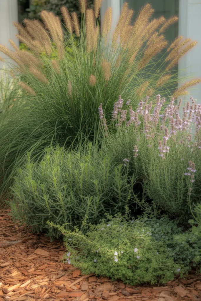 Layered planting bed for small backyard with ornamental grasses, lavender, and creeping thyme