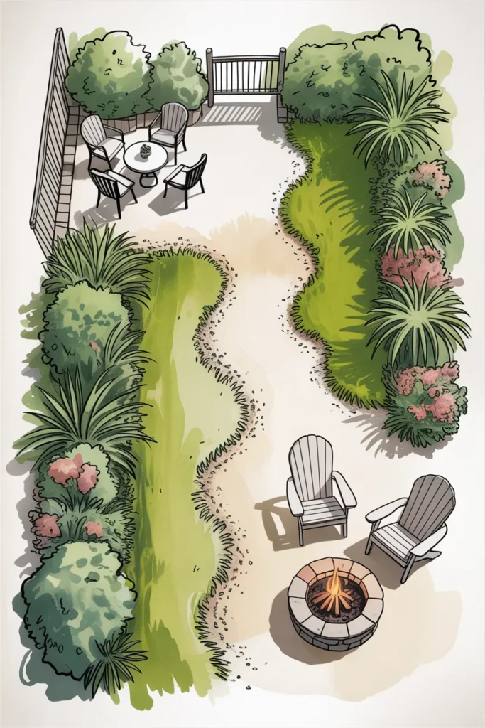 Long narrow backyard layout divided into three zones with patio, middle path, and back fire pit.
