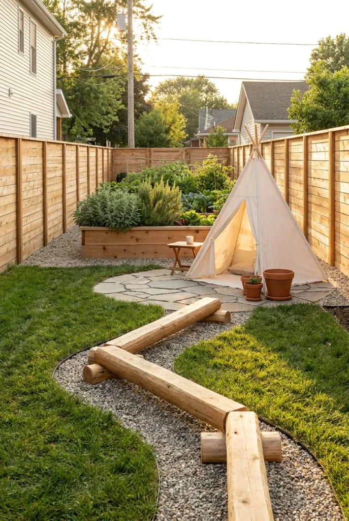 Long narrow backyard layout with kid play zones along the length for a small space.