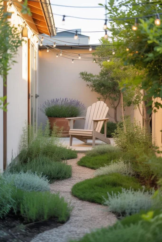 Long narrow backyard with curved gravel path, layered plants, and string lights at golden hour.