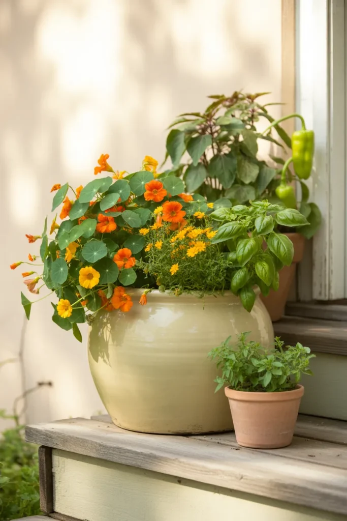 Mixed pollinator and edible container with nasturtium, calendula, basil, and pepper on cottagecore porch.