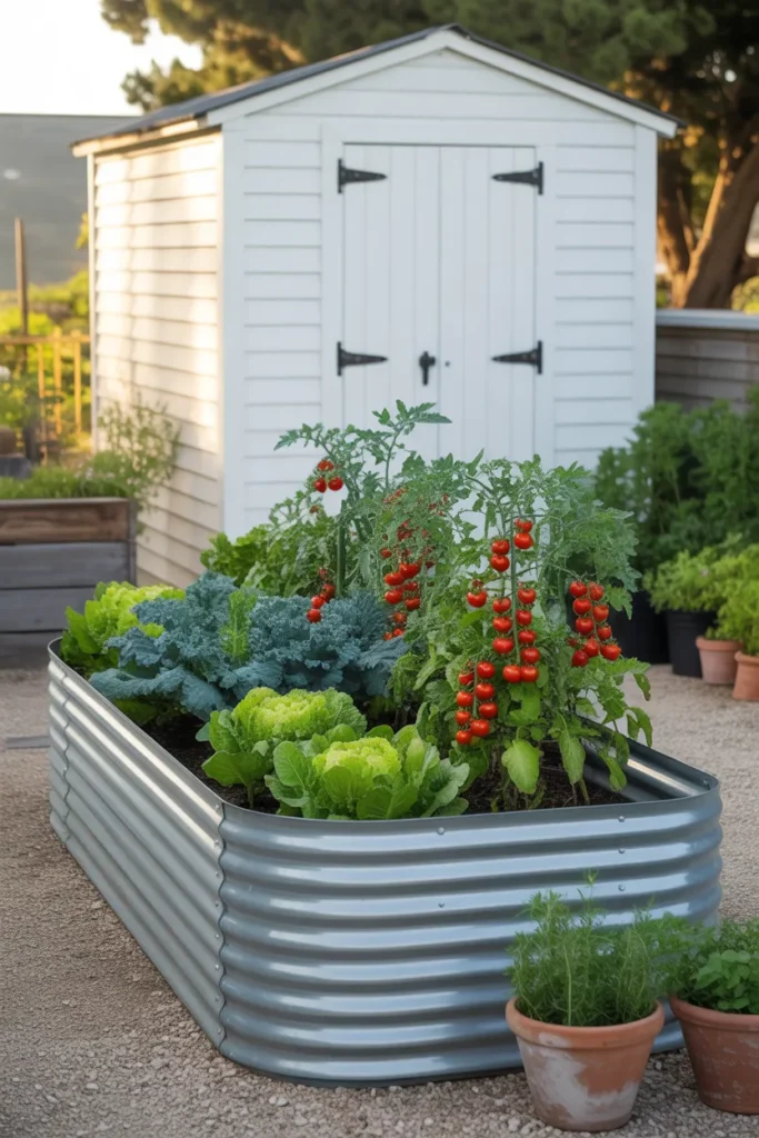 Modern farmhouse corrugated galvanized raised garden bed beside a white shed