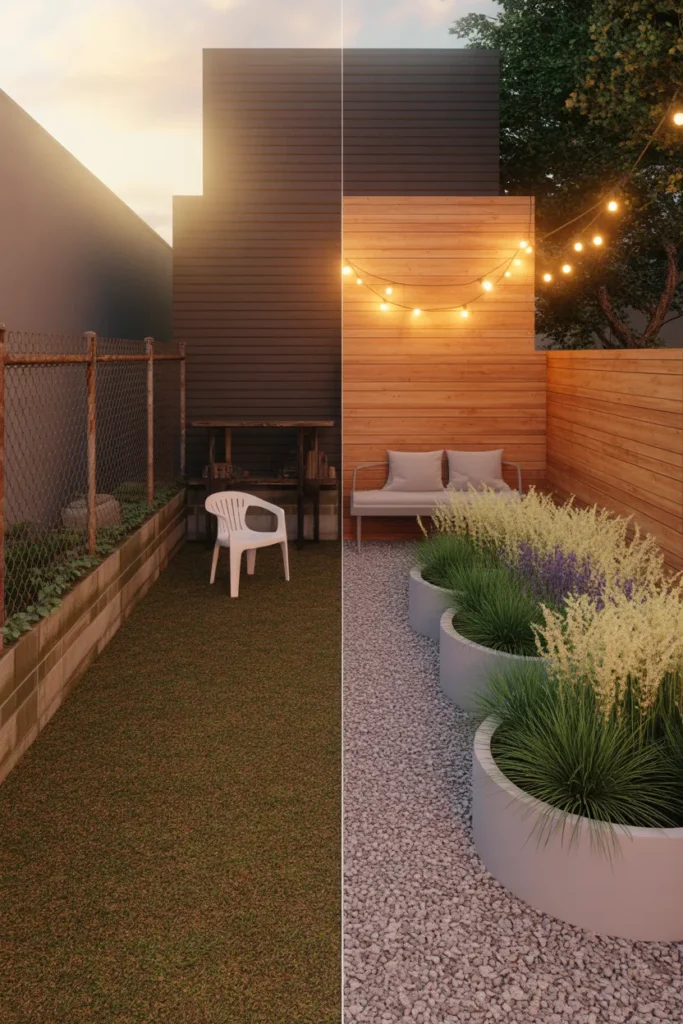 Narrow backyard before and after transformation with curved path planters and pergola.