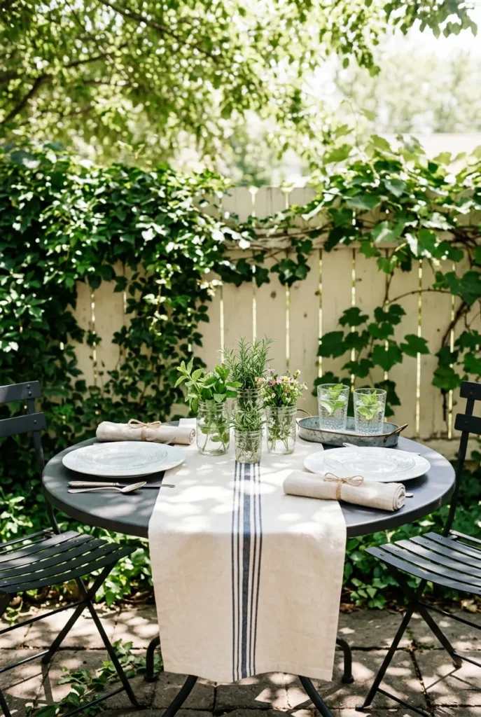 Outdoor bistro table set with melamine plates, jute napkin rings, and mason jar greenery from Dollar Tree.