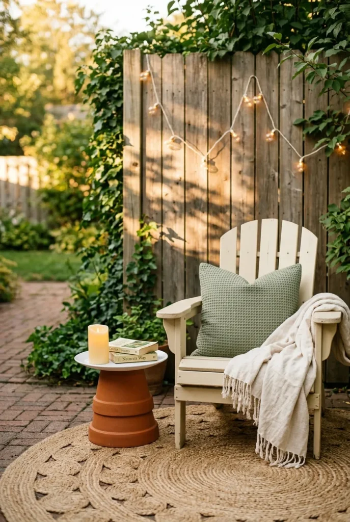 Patio lounge corner styled with Dollar Tree pillows, jute rug, terracotta side table, and string lights.