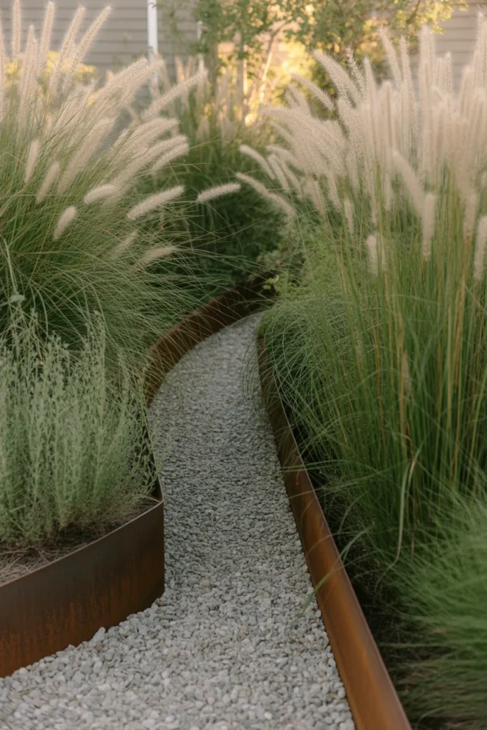 Pea gravel path with steel edging and ornamental grasses in a narrow rectangular backyard.
