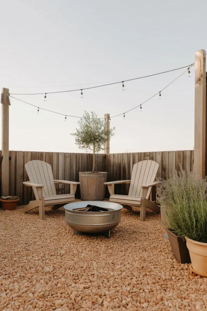 Pea gravel patio backyard makeover with cream Adirondack chairs galvanized fire pit and string lights
