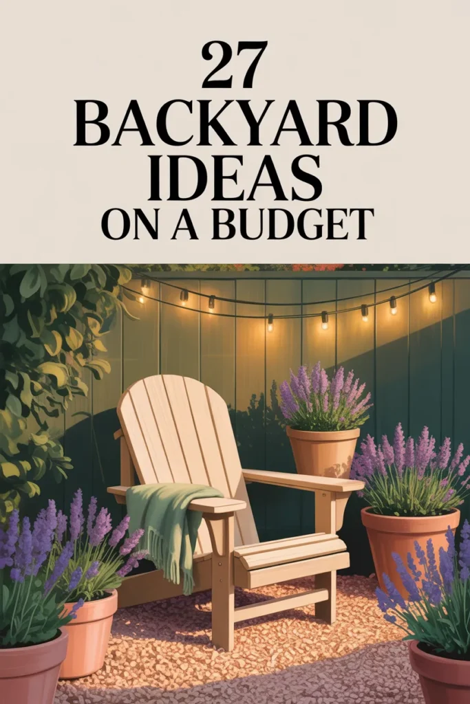 Pinterest pin for 27 backyard ideas on a budget with cream Adirondack chair, lavender, and string lights.