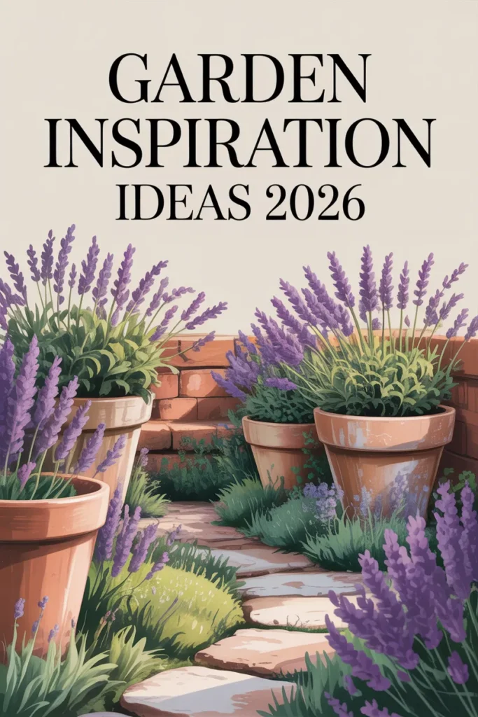 Pinterest pin for garden inspiration ideas 2026 with cottage corner and terracotta pots
