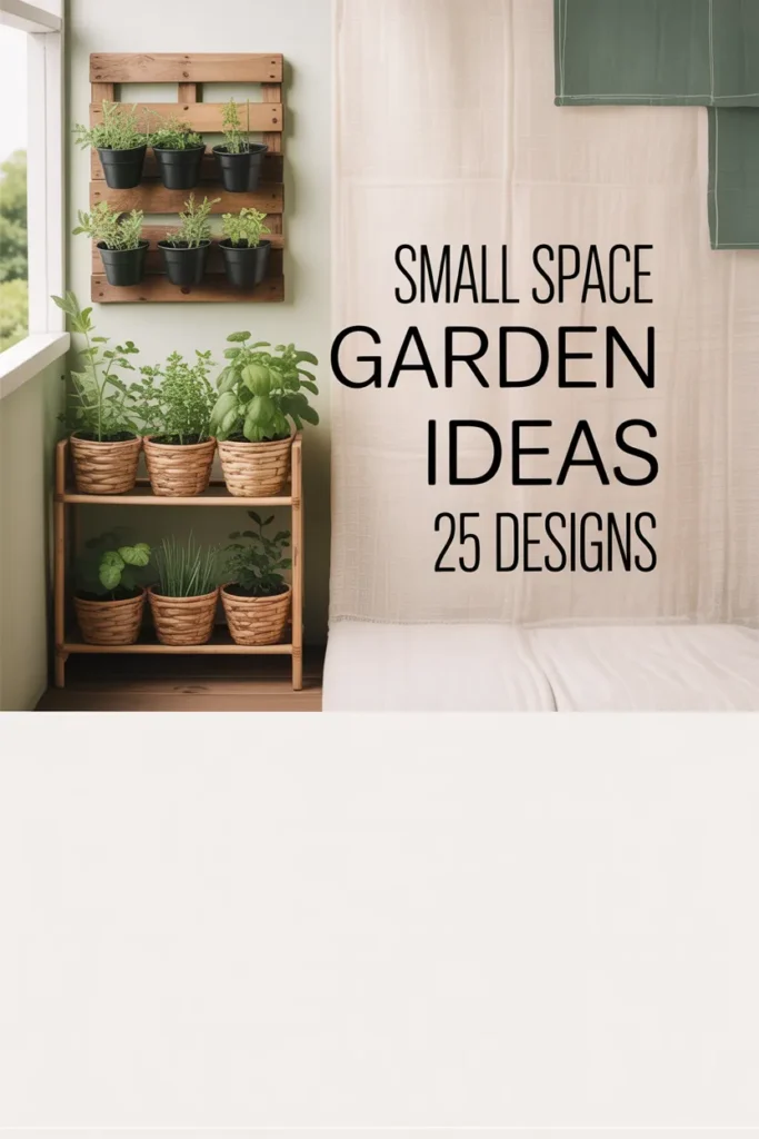 Pinterest pin for small space garden inspiration with vertical herb wall and tiered stand