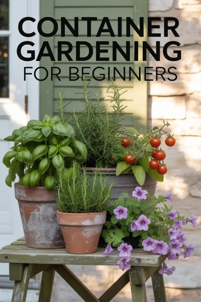 Pinterest pin hero image of a cottagecore beginner container garden with herbs, tomatoes, and flowers in terracotta pots