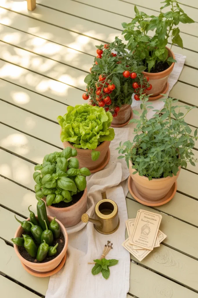 Pinterest pin showing 15 easy container vegetables in terracotta pots on a sunny patio.