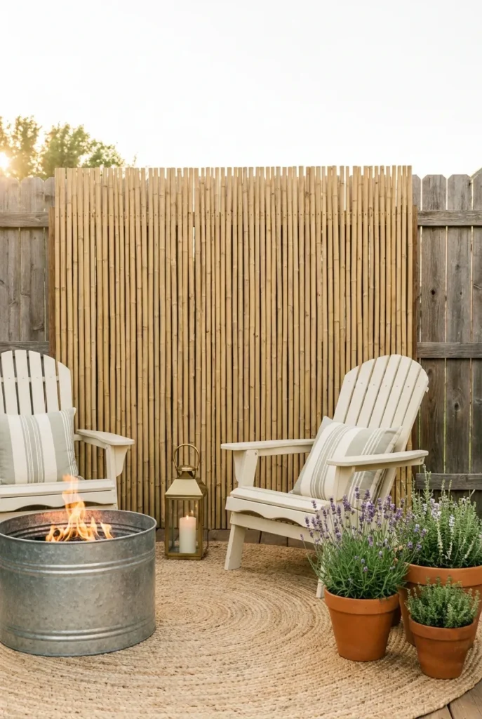 Pinterest-ready backyard privacy makeover with bamboo screen, Adirondack chair, and lavender pots.