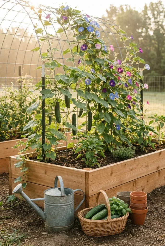 Raised garden bed with cattle panel trellis growing climbing cucumbers for backyard privacy.