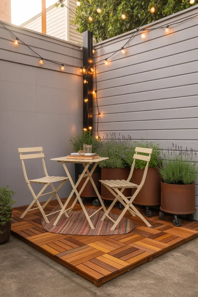 Rental backyard makeover with interlocking deck tiles freestanding string lights and rolling planters