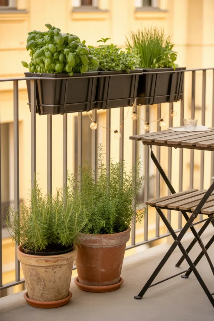 Rental balcony herb garden with railing planters and terracotta pots of basil rosemary and mint