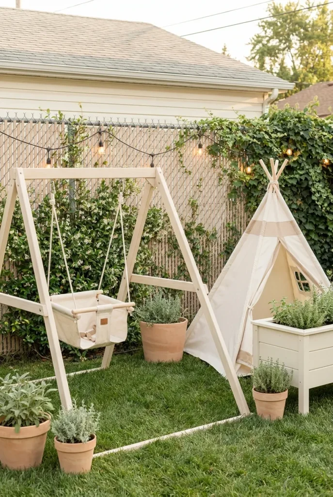 Rental-friendly backyard ideas for kids with a freestanding swing stand and command-hook string lights.