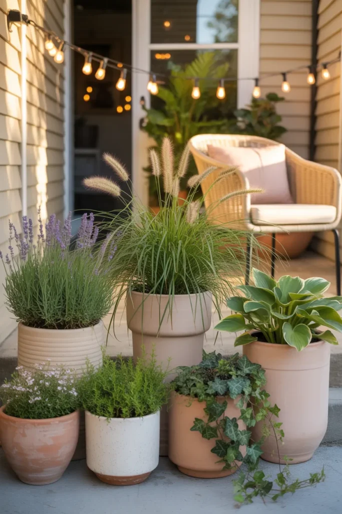 Renter-friendly backyard ideas with grouped terracotta planters and command-hook string lights on a small patio.