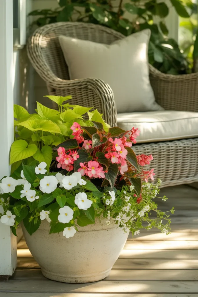 Shade container gardening flowers with begonias and impatiens on covered porch
