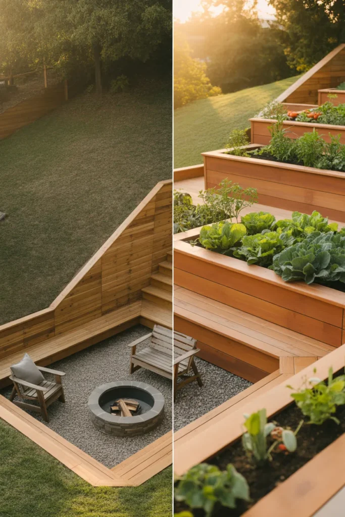 Sloped backyard makeover on a budget with cedar timber terraces, gravel fire pit pad, and raised garden bed.