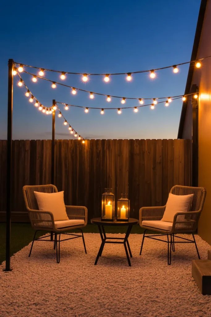 Small backyard at dusk with layered string lights and lanterns for evening ambience.