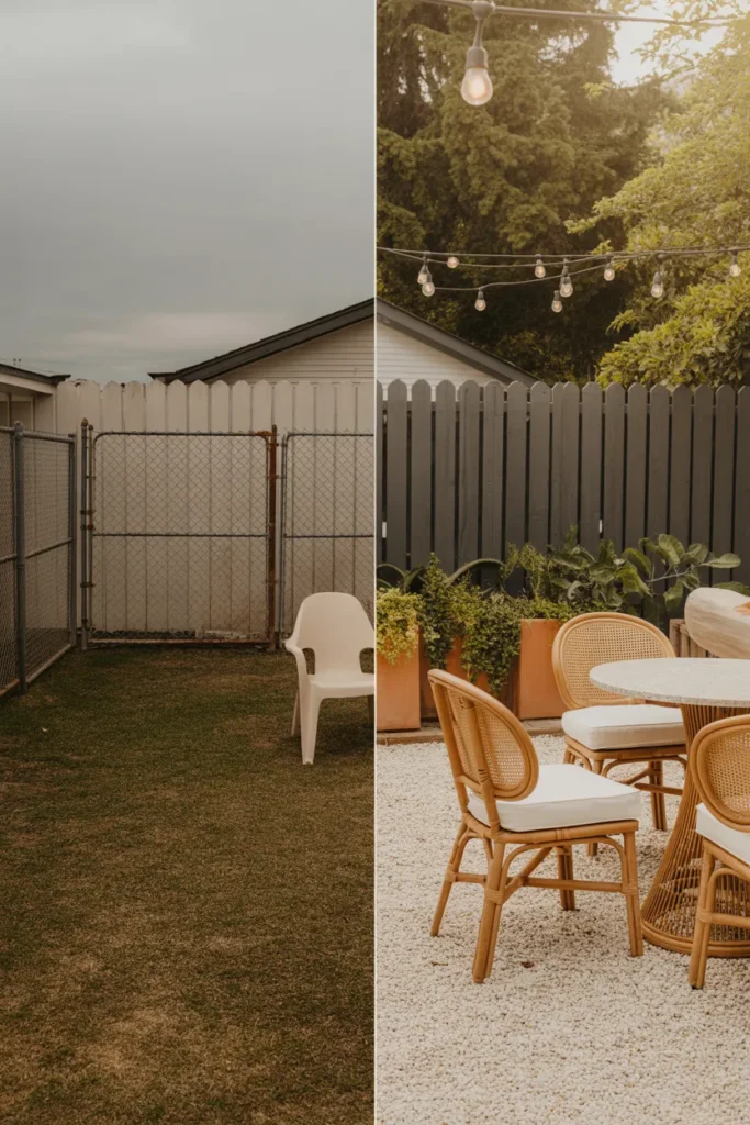 Small backyard before and after weekend refresh with bistro set string lights and gravel patio.