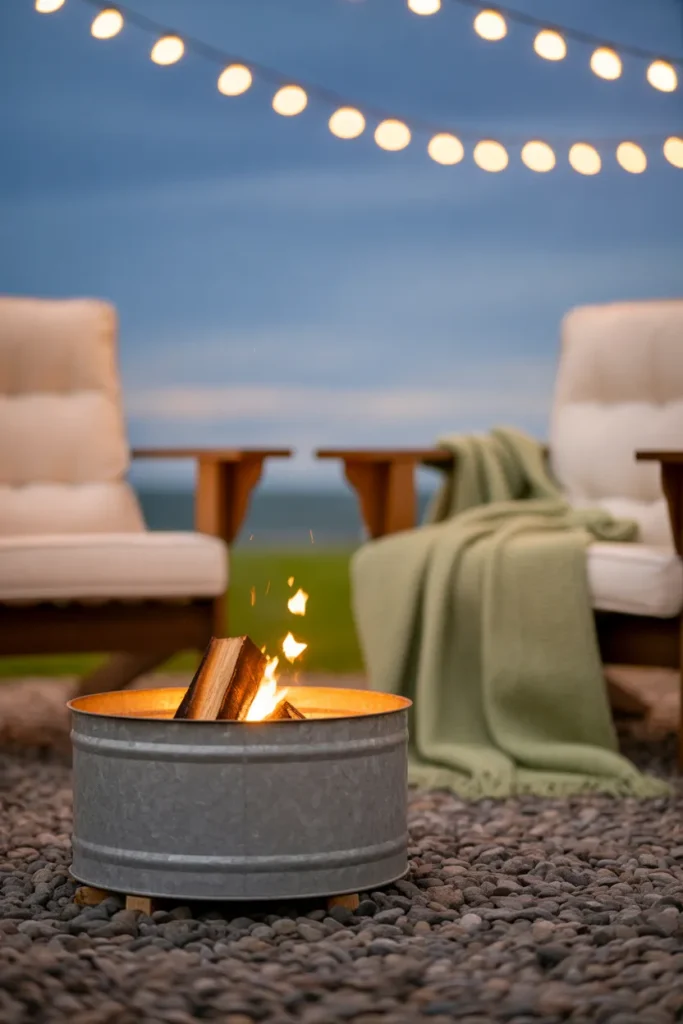 Small backyard fire pit setup with Adirondack chairs and string lights for cozy outdoor seating