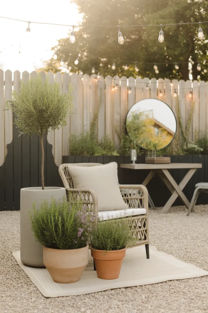 Small backyard ideas final reveal with bistro set string lights mirror and dwarf olive tree at golden hour.