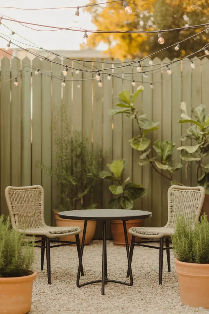 Small backyard ideas hero with bistro set, string lights, and terracotta pots on cream gravel patio.