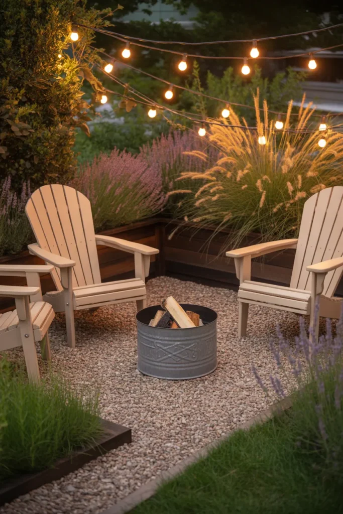 Small backyard landscaping ideas with cream Adirondack chairs, fire pit, and string lights on pea gravel patio