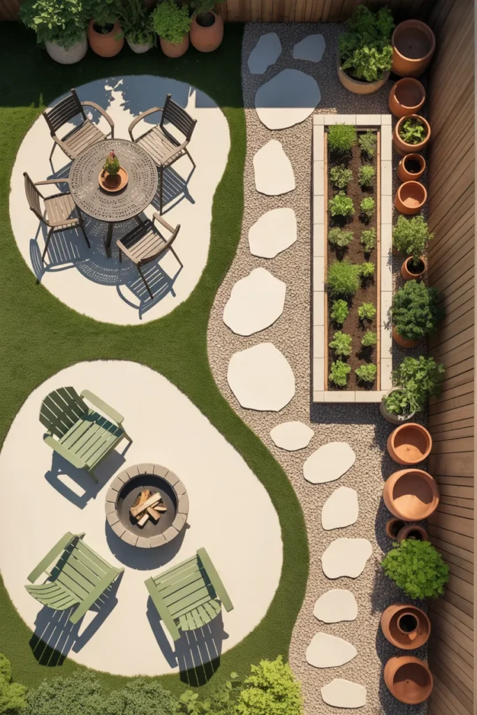 Small backyard layout divided into dining lounge and garden zones for tiny yard design.