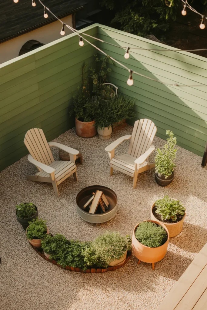 Small backyard makeover on a budget DIY aerial view with patio fire pit and planters