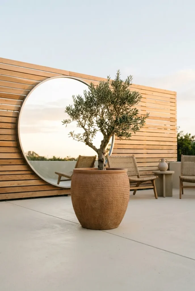 Small backyard patio with painted concrete, olive tree planter, and fence mirror