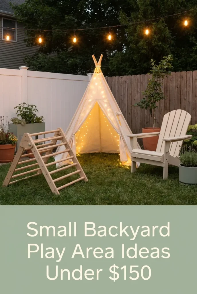Small backyard play area ideas under 150 dollars Pinterest pin with teepee and climbing triangle.
