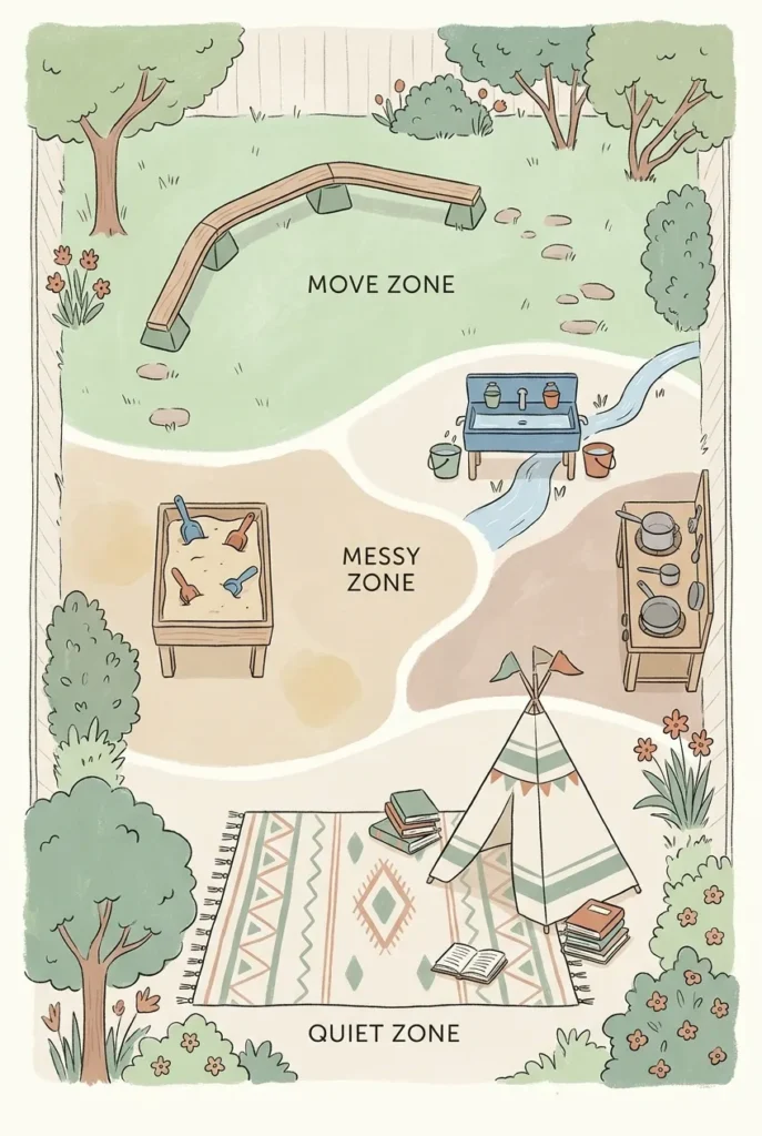 Small backyard play area zone map showing Move, Messy, and Quiet zones for kids.
