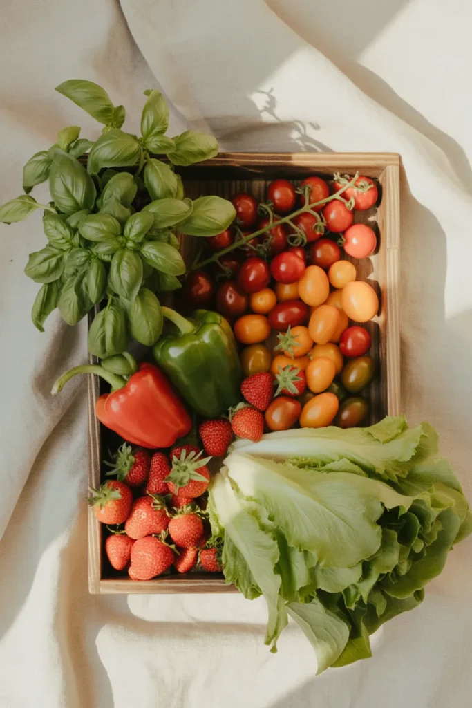Small space container garden harvest flat lay with cherry tomatoes, basil, lettuce, strawberries, and pepper on cream linen.