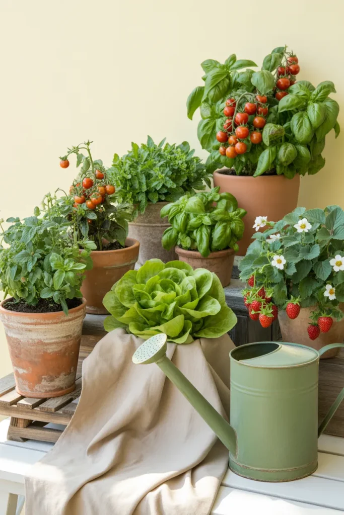 Small space container garden on cottagecore balcony with terracotta pots of cherry tomatoes, basil, and lettuce in warm daylight.