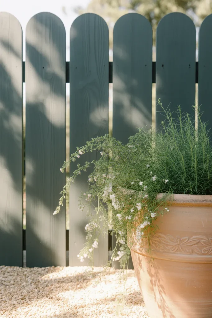 Soft black fence with terracotta pot and sage green plants for small backyard color trick.