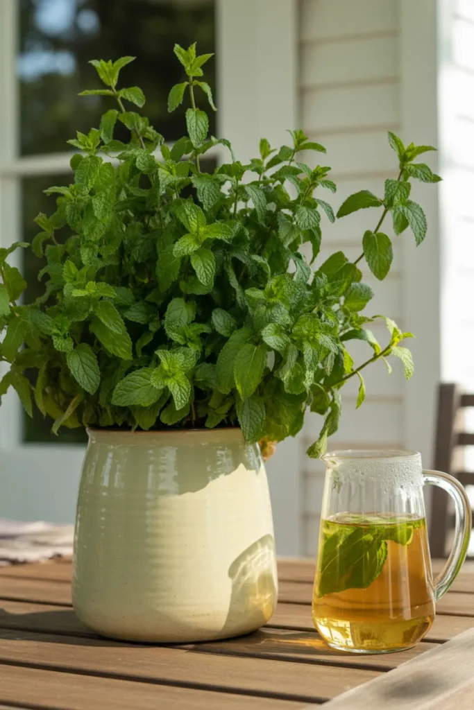 Spearmint growing in cream ceramic pot beside iced tea on wooden patio table