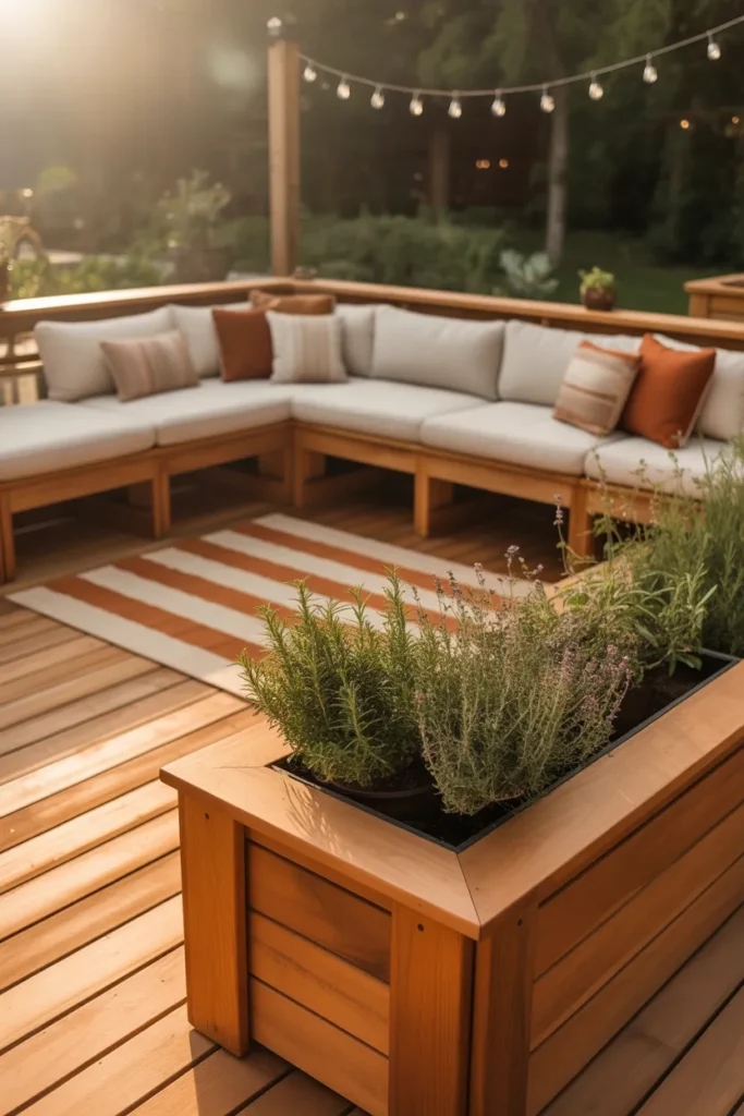 Stained wood deck backyard makeover with sectional outdoor rug and built-in herb planter