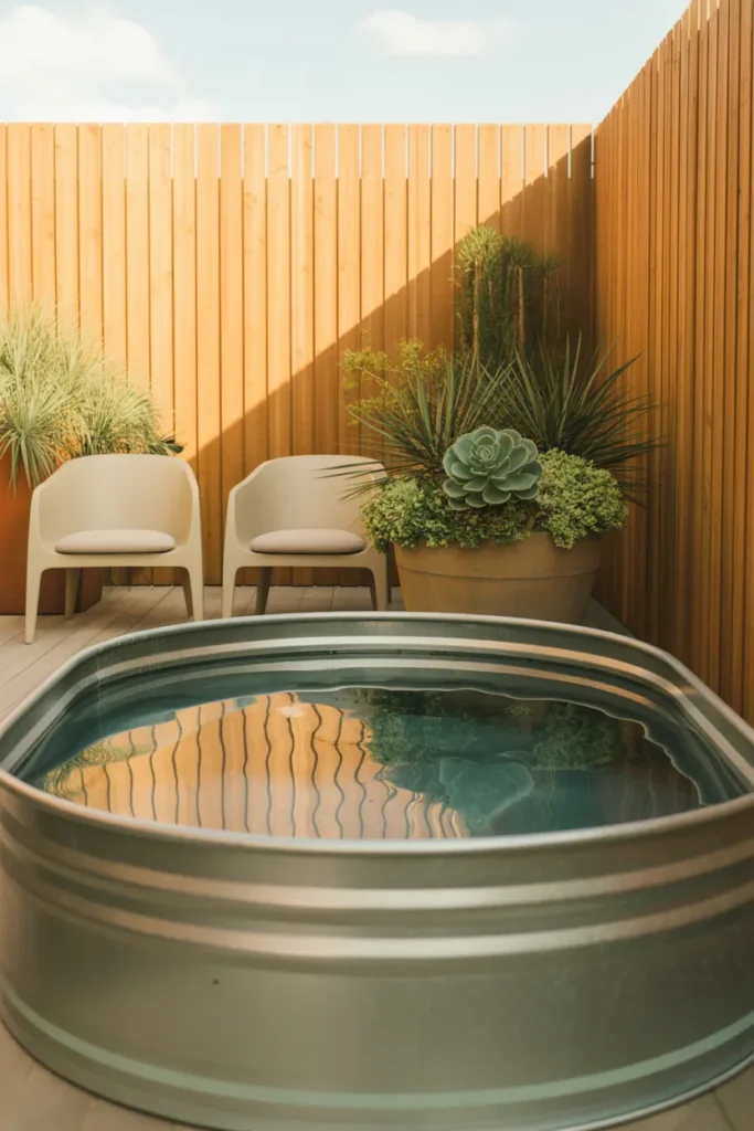 Stock tank plunge pool in a narrow backyard with cedar fence and lounge chairs.