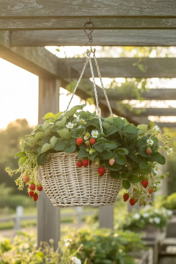 Strawberries in a hanging basket with ripe red berries cascading down green vines.