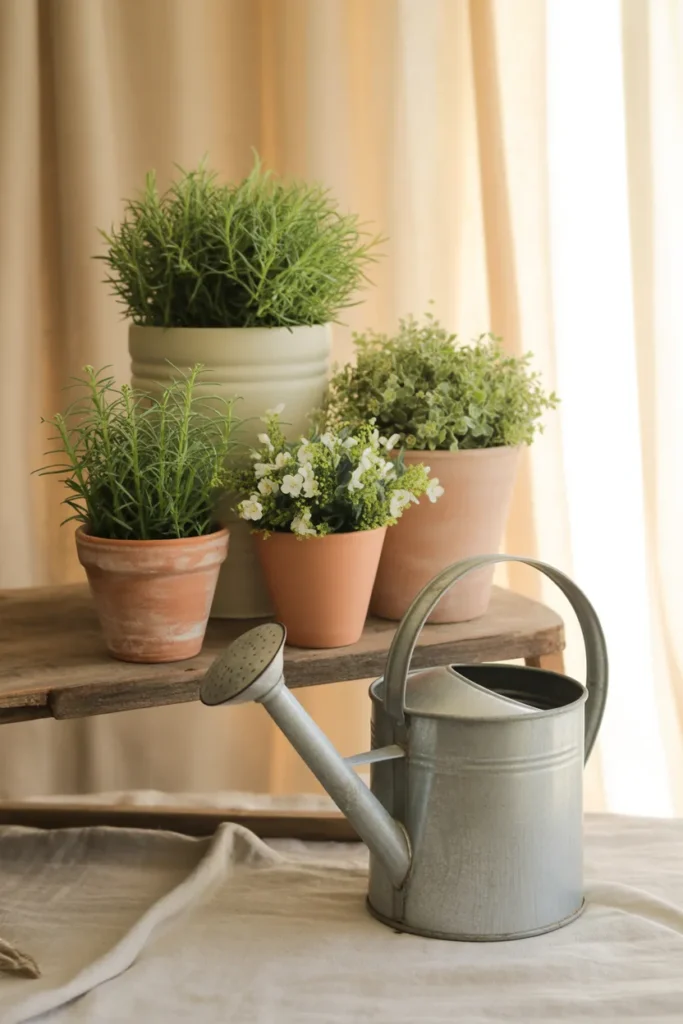Styled cottagecore container garden with terracotta and cream pots in odd-number grouping with vintage watering can.