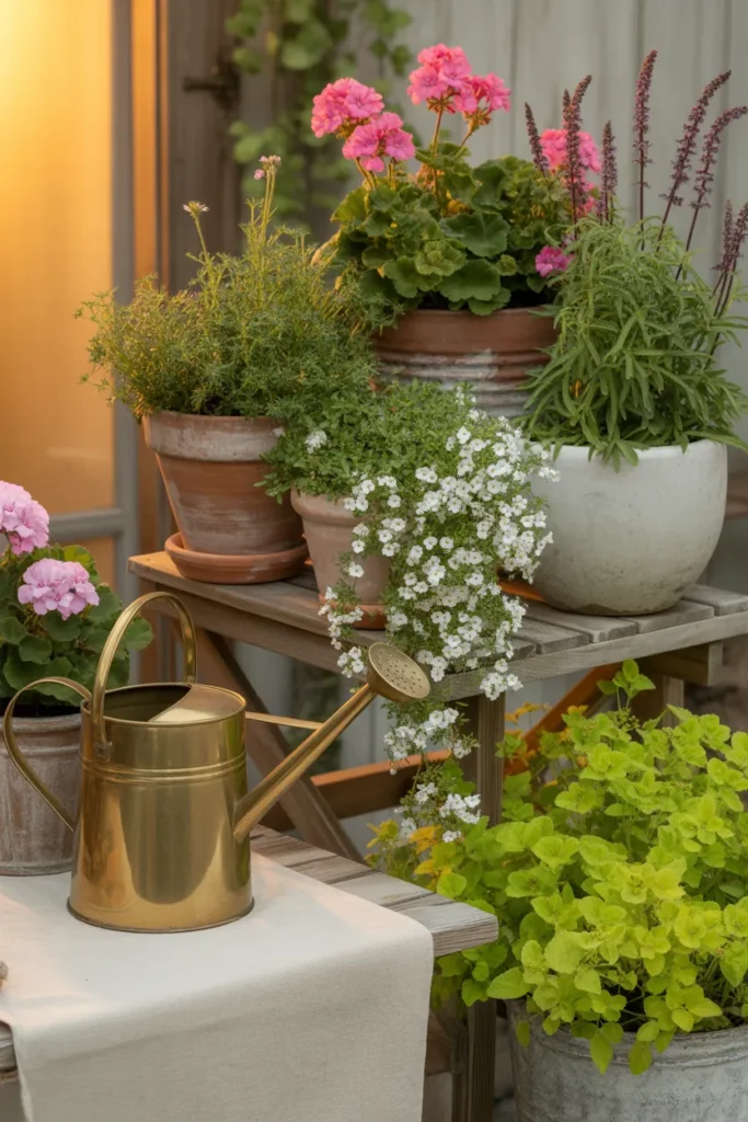 Styled cottagecore patio with container gardening flowers in clustered terracotta pots