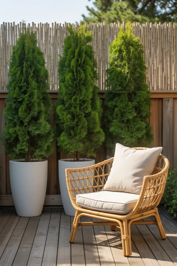 Tall arborvitae planters and bamboo screen for small backyard privacy without drilling.