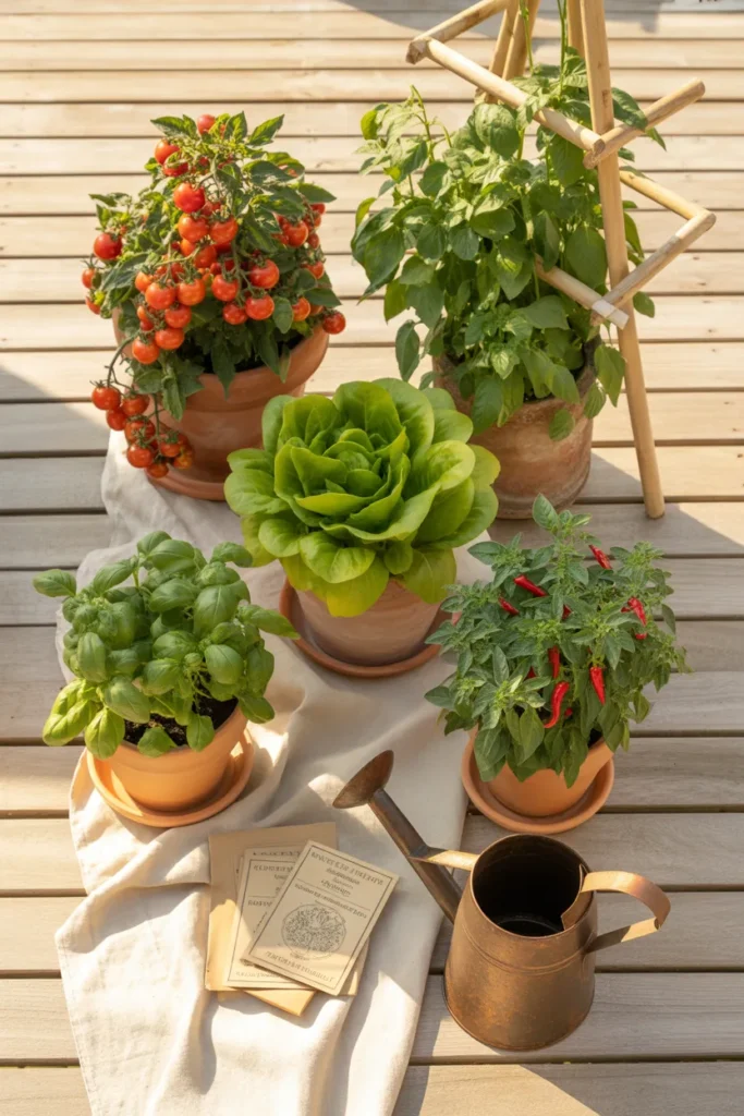 Terracotta container vegetables on a sunny patio with cherry tomatoes, basil, and lettuce.