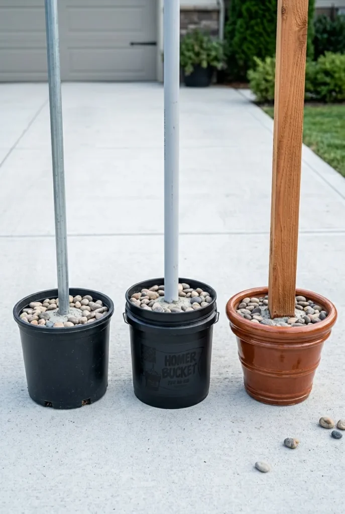 Three DIY string light pole bases compared planter bucket and 4x4 cedar